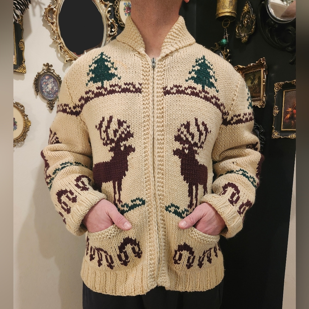 Vintage 1970's Cowichan Sweater With Deer or Elk Camping Outdoorsy Sweater
